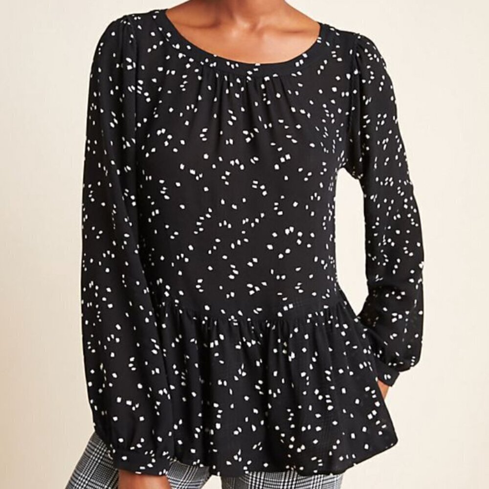 Maeve by Anthropologie Cheyenne Peplum Blouse Flare Spotted Black White